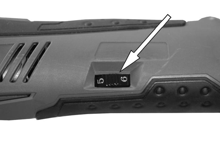 OPERATION 1. Hold the tool tightly and move the On/Off switch forward. The motor will then run continuously. 2. Adjust the speed control shown to the required setting (1-6). 3.