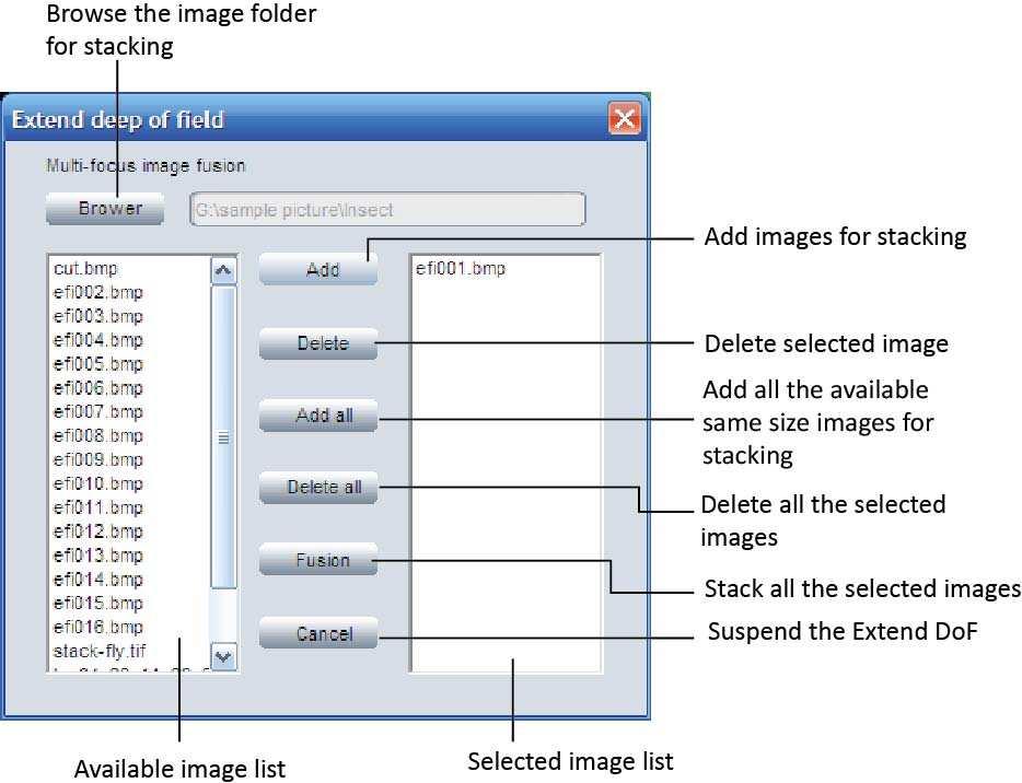 Browse the image folder which you are going to do the stacking. All the images in the folder will be listed on the left hand side. Click on one image, the image will be hightlighted in BLUE.