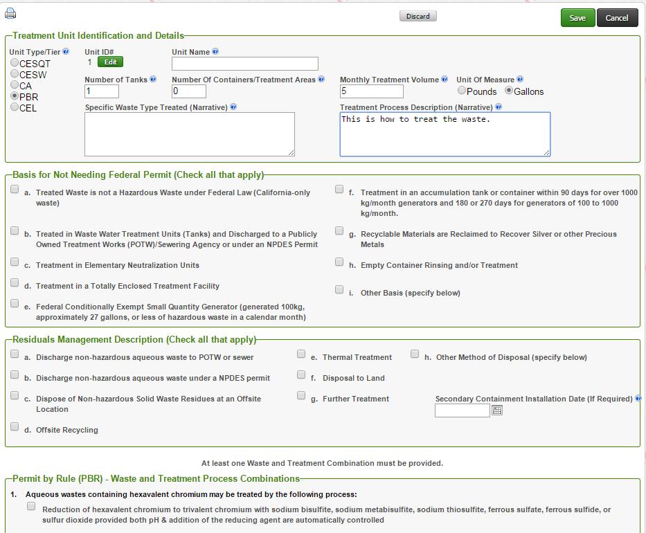 6. Review the information, make changes as appropriate and click Save If you chose PBR or CA under Unit