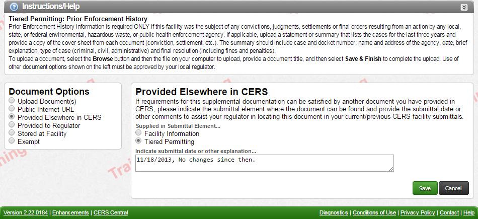 Provided to Regulator Option: Choose this option if you previously submitted a document to us outside of CERS (via fax, email or mail), and