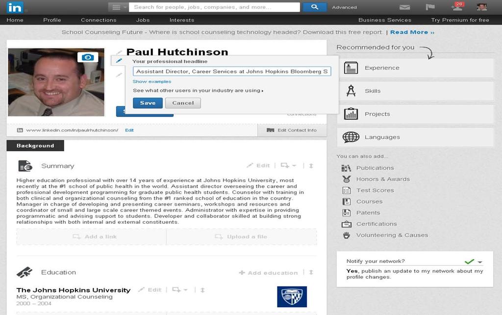 Updating your LinkedIn Profile Replace Professional Headline