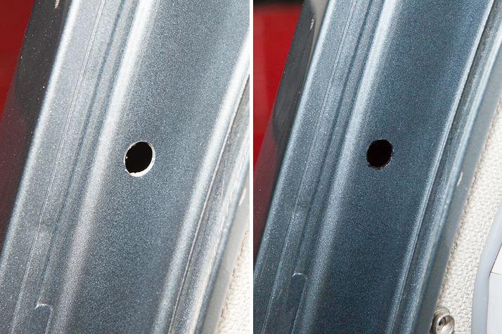 Remove the Masking Tape from the van s pillar. Use some Retouching Paint in order to paint the raw metal holes you just drilled into the van.
