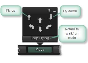 Fly: When you press the Fly mode button on the movement control panel, your avatar begins