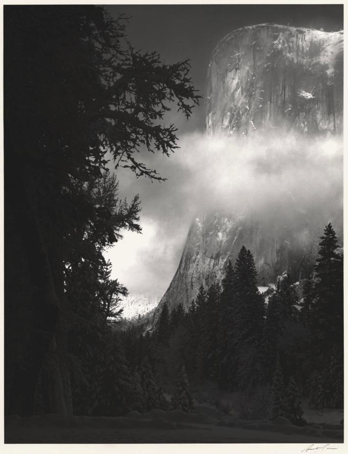 El Capitan, Winter, Sunrise, Yosemite National Park, California (1968) 13-5/8 x 10-1/2 inches, mounted Signed in ink on mount; with photographer's Carmel, California 93921 ink stamp, titled in ink,