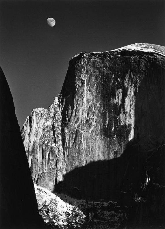 Moon and Half Dome, Yosemite National Park, California (1960) 27 x 21 inches, mounted Signed in pencil on mount; with photographer's Carmel, California 93921 ink stamp, titled in ink, initialed in