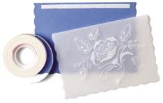 Place a piece of tape to the back of colored card and insert in place into the folded parchment piece. You can also use a specialty vellum tape for invisible taping.