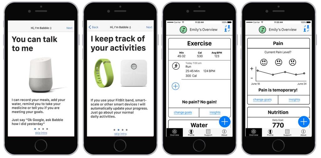 Figure 1: Example wireframe prototype screens from the iphone application, including instructional and main cards for tracking health information Figure 2: Example wireframe prototype screens,