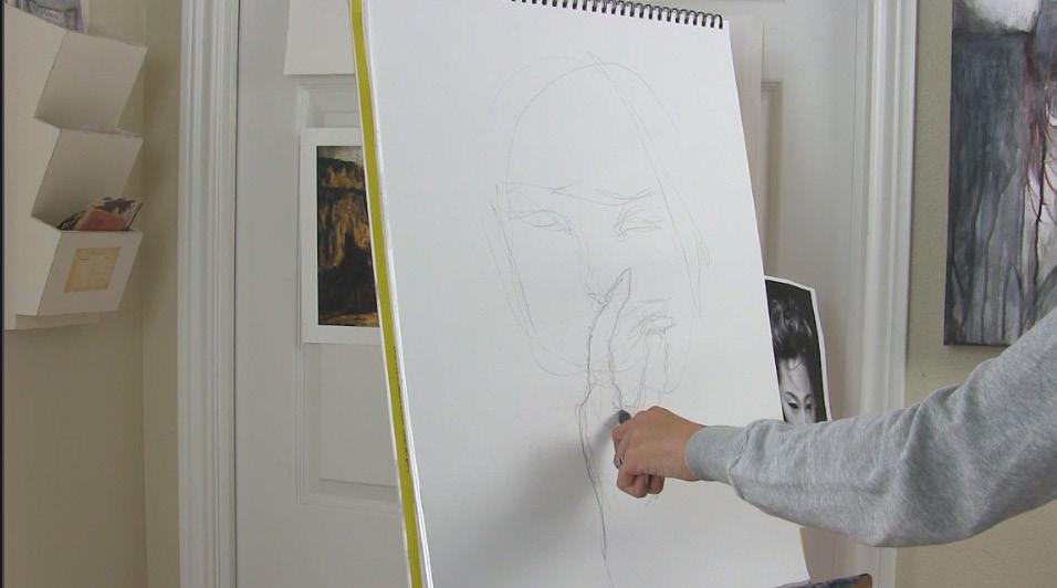 STEP 1: USE a Water soluble graphite pencil Begin by drawing from your reference image using your non-dominant hand. This creates erratic mark making and expressive gesture.