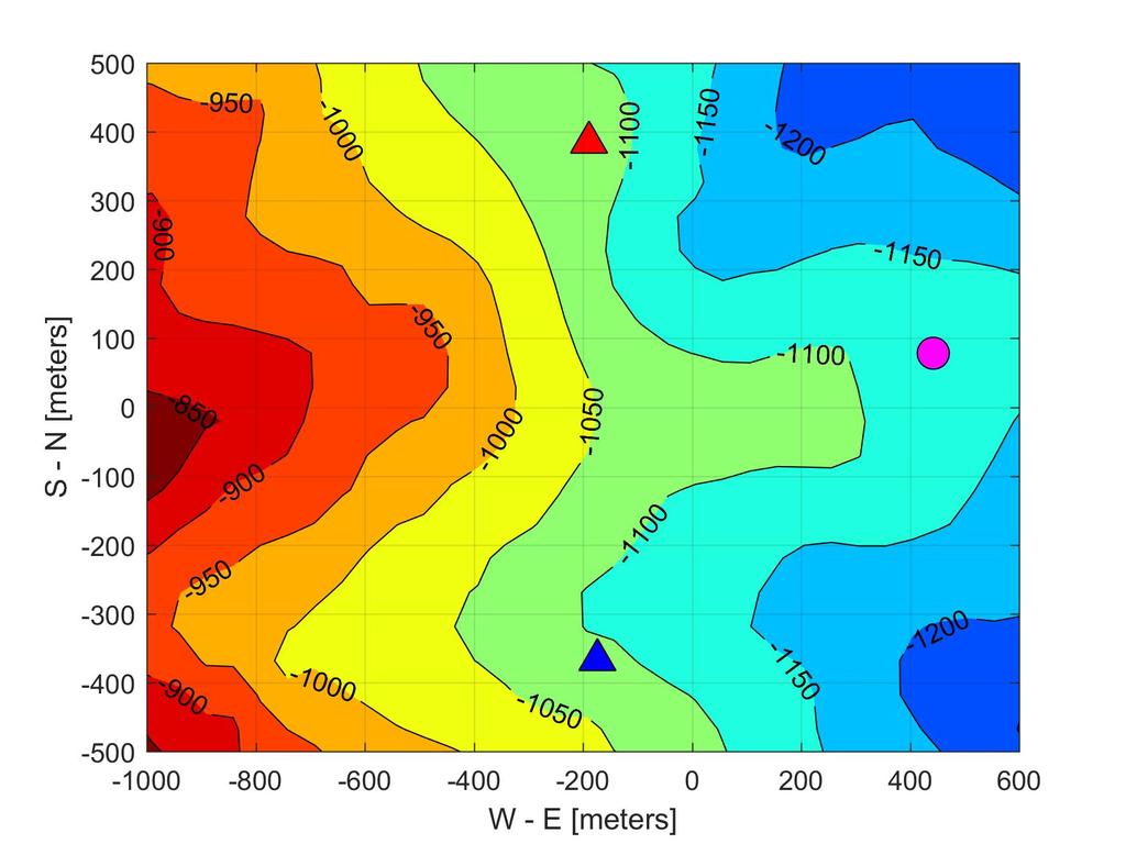Figure 3. HAT site B_01 passive acoustic monitoring array map. Instrument locations are from acoustic-gps survey and local seafloor bathymetry map is from Ryan et al. (2009).