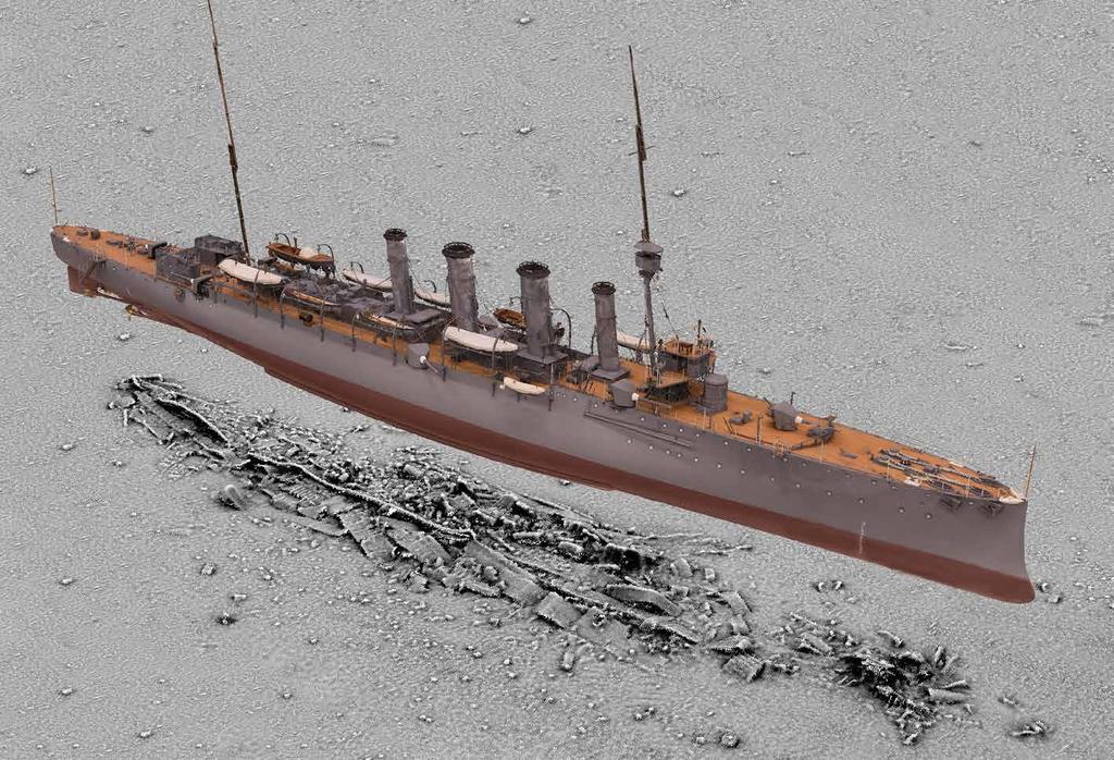 Three-dimensional visualisation of HMS Falmouth juxtaposing wreck and builder s model. Crown copyright The final model was generated from 891 overlapping photographs.