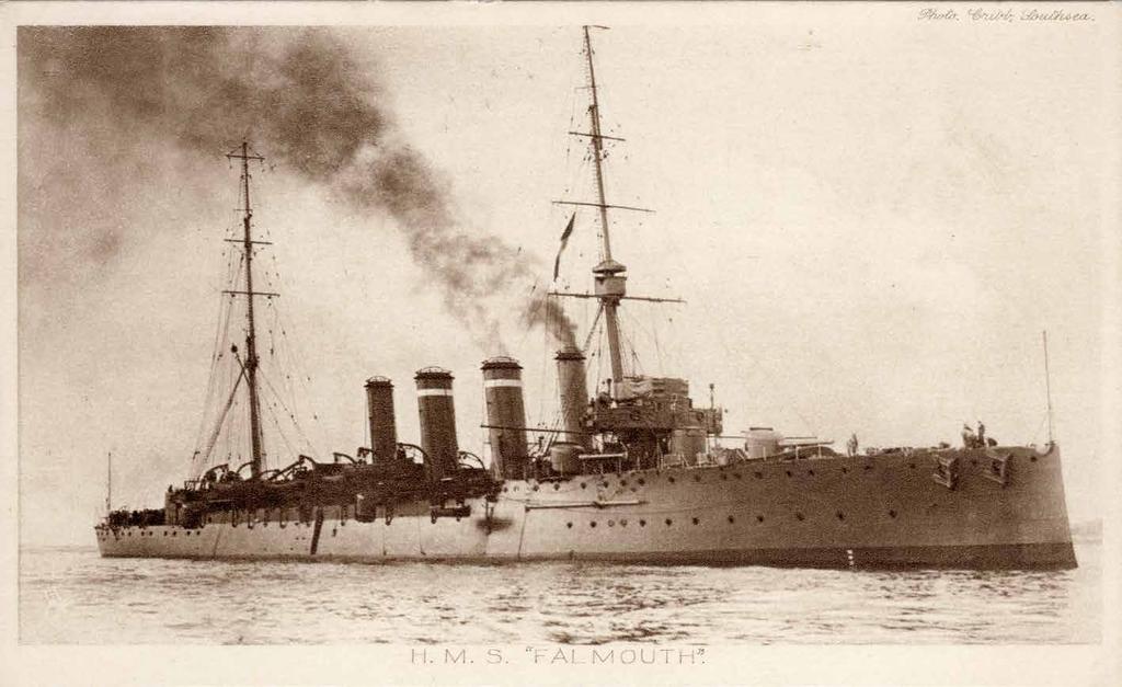 Contemporary postcard of HMS Falmouth. AJ Firth /Fjordr Authors Dr Antony Firth, MCIfA Director of Fjordr Limited.