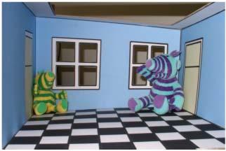 real wall size illusions 2: the Ames room in the Ames Room, the size of a familiar object/person is perceived distorted, because the misleading geometry