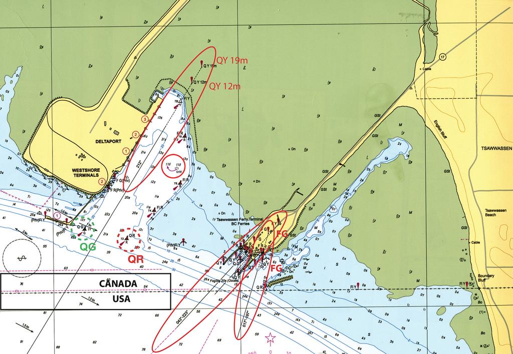 2. CHARTS Fig. 2.35 Look for: Three Leading Lights (ellipses); one Buoy Symbol out of position Delta Port (circle); one National Border (Canada-US).
