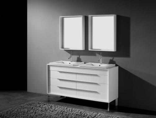 vanity, available in a smooth walnut veneer and white high gloss enamel finish, recessed 6 drawers finished