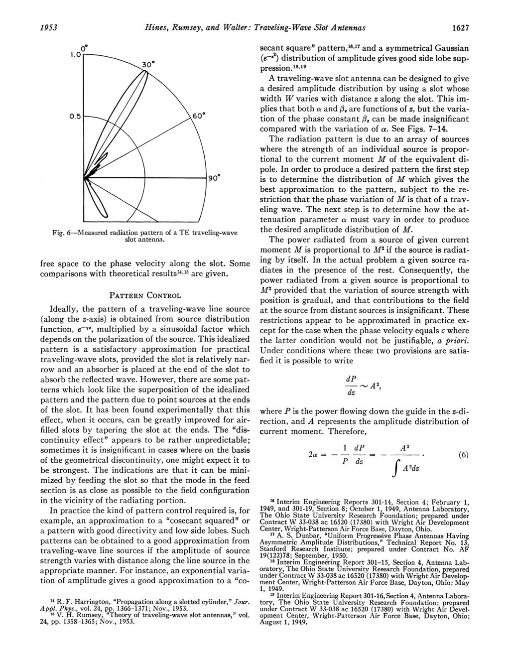 1953 Hines, Rumsey, and Walter: Traveling- Wave Slot Antennas 1627 Fig. 6-Measured radiation pattern of a TE traveling-wave slot antenna. free space to the phase velocity along the slot.