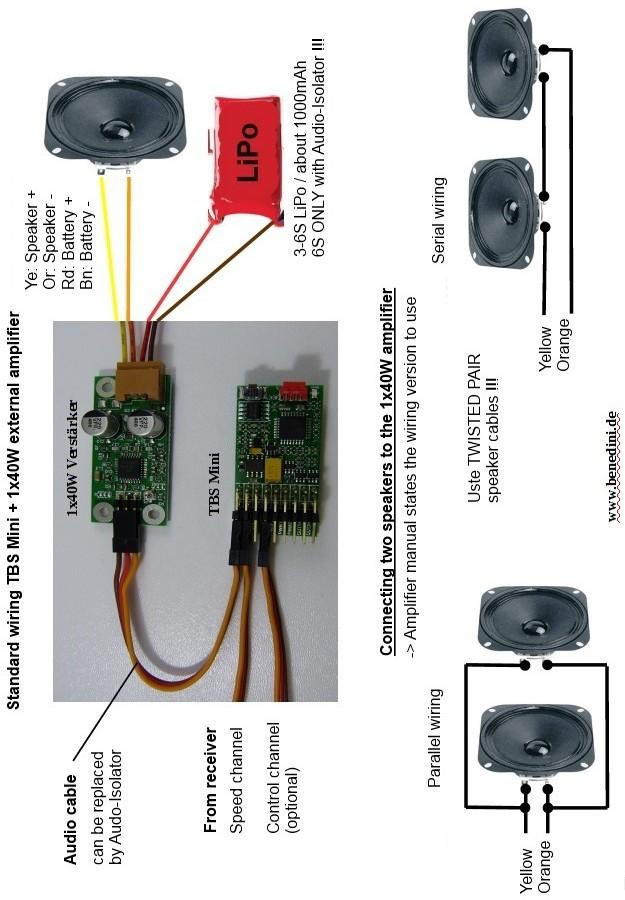 Standard wiring of TBS Mini in Autostart control mode, together with 1x40W amplifier