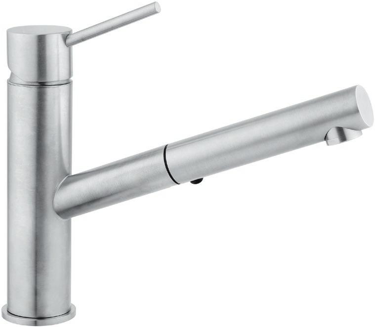 Modica 522000 Contemporary Pull-Out, Single Handle Kitchen Faucet Features: All Stainless Steel Construction Ideal for Indoor and Outdoor Kitchens 180 Degree Spout Rotation Dual Function Pull-Out