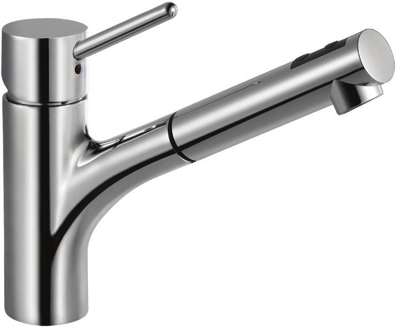 Berlin 500370 Contemporary Pull-Out, Single Handle Kitchen Faucet Features: Brass Construction 130 Degree Spout Rotation Dual Function Pull-Out Spray, with Push Button Spray Mode Ceramic Disc