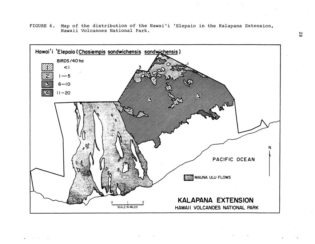 FIGURE 6. Map of the distribution of the Hawai'i 'Elepaio in the Kalapana Extension, Hawaii Volcanoes National Park.