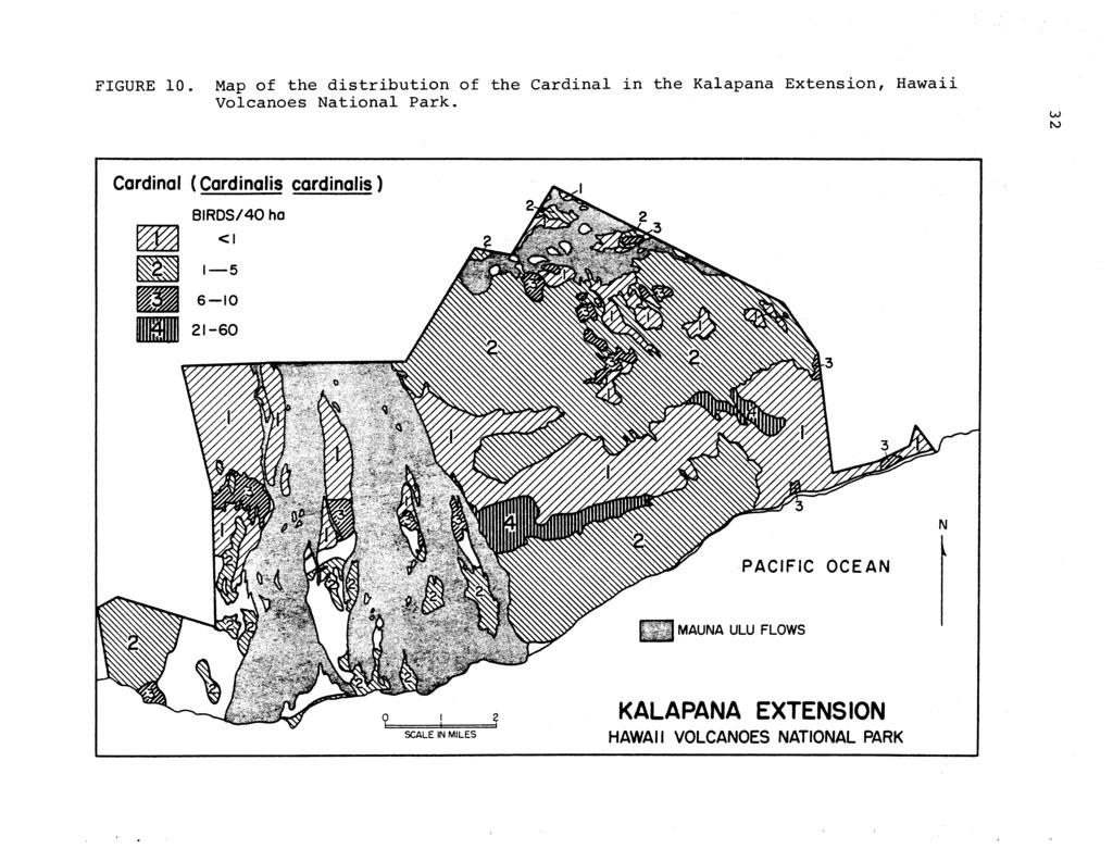 FIGURE 10. Map of the distribution of the Cardinal in the Kalapana Extension, Hawaii Volcanoes National Park.