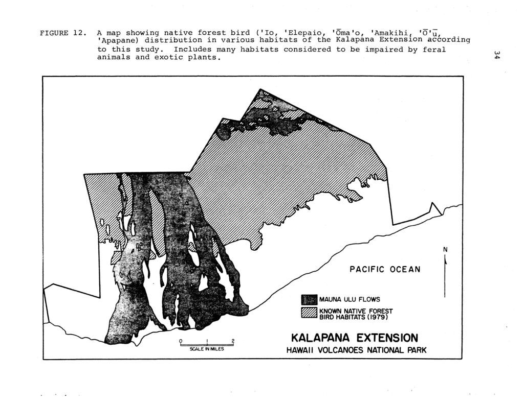 FIGURE 12. A map showing native forest bird ('Io, 'Elepaio, 'Oma'o, 'Amakihi( 'O'u, 'Apapane} distribution in various habitats of the Kalapana Extens1on according to this study.