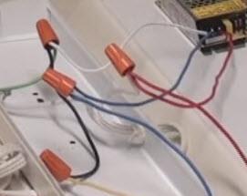 3. For the second power supply, there should be a shorter red and blue wire that can be used. Use the white wire from the ballast for the ground if there is not a third yellow wire.