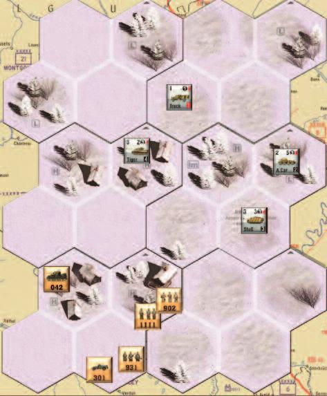 931 fires at the Tiger, hitting it once, but the Tiger s Defense negates the attack. 1111 moves toward the Tiger and attacks it from range 1.
