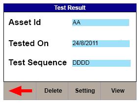 asset ID, press to select or F2. This shows the test results for the selected asset ID; Test results can be deleted (F2) and viewed (F4). Test settings can be viewed by pressing F3.