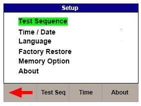 5. Setup To enter the setup mode, select the MENU key (F1) from the home screen and then SETUP; 5.1. Test Sequences The Rigel 377 can be set-up to perform automatic test sequences.