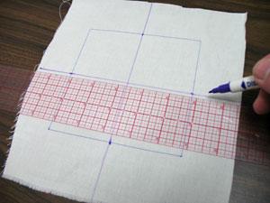 Draw a 5 inch by 5 inch square on the solid colored quilter s cotton.
