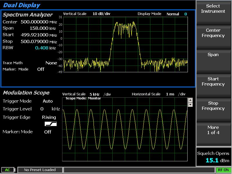 Figure 2.2.6.2-1 Dual Display Mode In Dual Display Mode the submenus, control, and parameter entry are unchanged from the full screen versions of the Spectrum Analyzer and Modulation Scope.