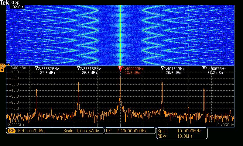 Spectrogram The MDO3000 Series includes a spectrogram display which is ideal for monitoring slowly changing RF phenomena. The x-axis represents frequency, just like a typical spectrum display.