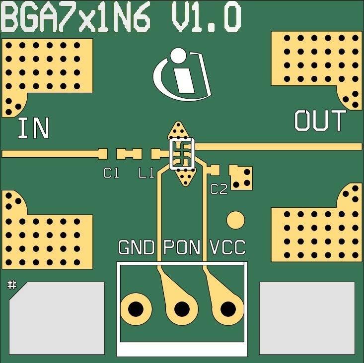 Application Information BGA7x1N6_Application_Board.vsd Figure 5 Drawing of Application Board Vias Vias Copper 35µm Ro4003, 0.2mm FR4,0.