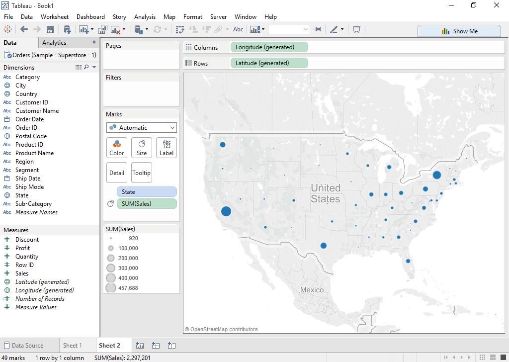14 Part I: Getting Started with Tableau Desktop Figure 1-7: Sales data is now displayed as symbols on a map.
