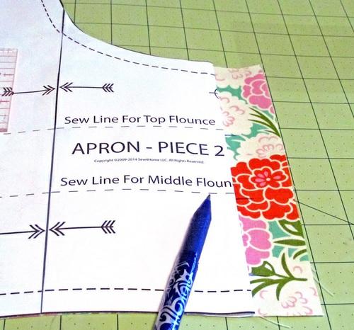 5. From the fabric for the apron's bodice flounce and skirt flounce #2, cut the following: ONE 8" high x 20" wide rectangle for the bodice flounce ONE 8½" high x 38" wide rectangle for the skirt