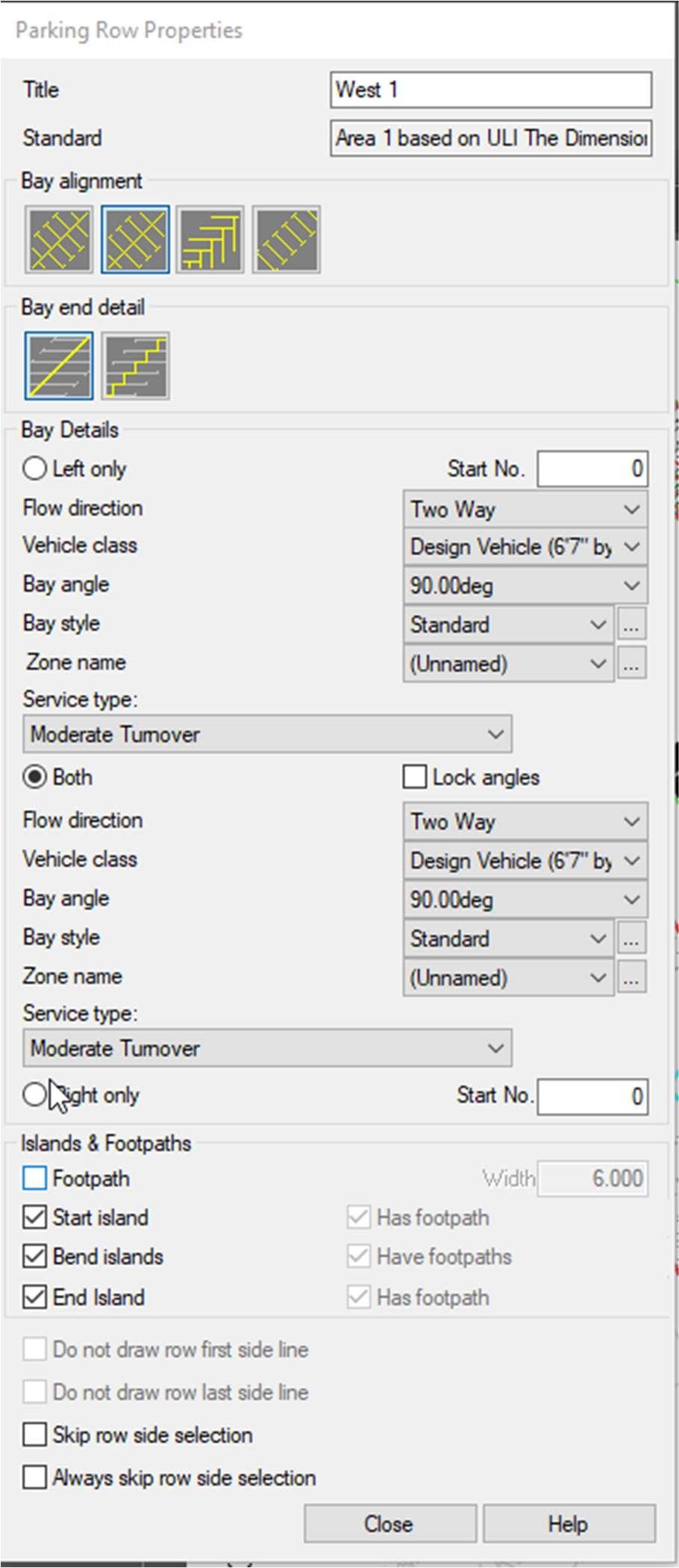 Finally, in the Parking Row Properties dialog, give the parking row you re about to lay out a name or Title. Then, select the Bay alignment and Bay end details.