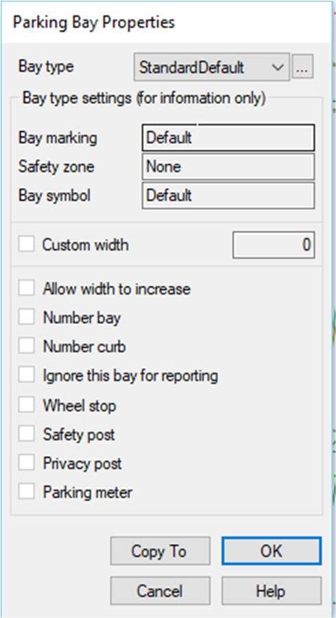 The Parking Bay Properties dialog appears. Parking Bay Properties dialog To convert a standard bay to a handicap bay, expand the Bay type drop-down and choose Accessible.