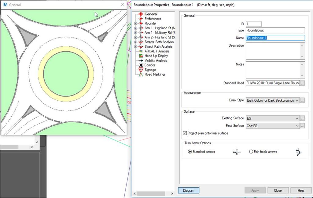 In the Roundabout Properties dialog, you can modify any part of the roundabout, including the arms, roundel, standard, turn arrows just about everything.