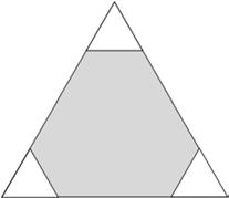 KSF 2011 selected problems Cadet # 16. Three equilateral triangles of the same size are cut from the corners of a big equilateral triangle with sides of 6 cm.