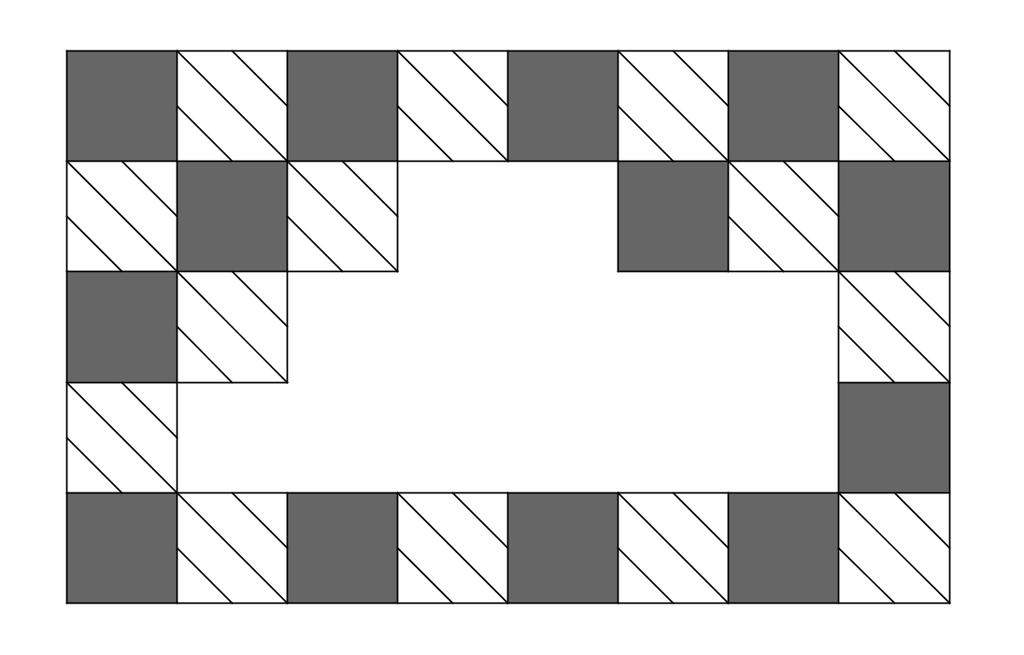 A regular pattern on a wall was created with 2 kinds of tiles: grey and with stripes (see the picture). Some tiles have fallen off the wall.