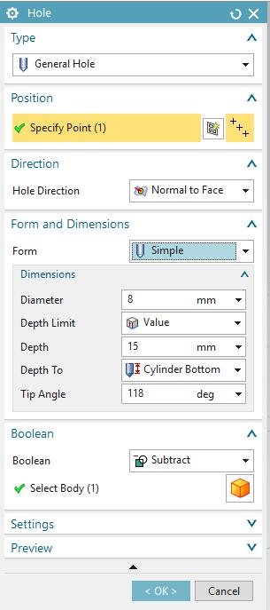 10 - Blind hole creation. Click the Hole button. As already done earlier, create a sketch defining the hole position.