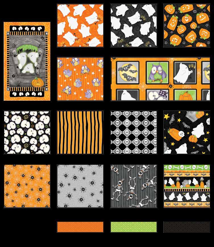 Chills and Thrills Quilt 1 Fabrics in the Collection Finished Quilt Size: 50 x 65 Tossed Ghosts - Orange 6966G-33 Tossed Ghosts - lack 6966G-99 Pumpkins - lack 6967G-99 Ghost Panel - Orange 6965PG-39