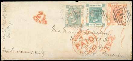 4790 4790 1865 (27 Nov.) envelope (opened out for display) to New York Via Southampton bearing 1863-71 4c. grey, 12c. pale greenish blue and 30c. vermilion tied by fine Amoy/Paid c.d.s. in red, overstruck B62 in grey-blue, with London/Paid transit c.