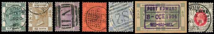 collection with many valuable stamps, including Amoy A1 in black (8), D27 (9) and later c.d.s. types with 1874-1902 Postal Fiscal perf. 15½ x 15 $2, Canton C1 in blue on 1863-71 30c.