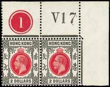 4189 1921-37 K.G.V watermark multiple crown script CA $1 purple and blue on blue Requisition X horizontal corner pair (also showing plate no.