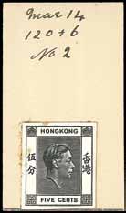adopted Chinese characters two and one hundredth, very fine. HK$ 60,000-80,000 4213 4213 1938 K.G.VI 1c. die proof in black on glazed card (92 x 60mm.