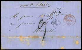 s. in black, with Wm. Pustau & Co./ Hong Kong blue sender s h.s. adjacent and Hong Kong/C origin c.d.s. on reverse (just across the join), handstruck 18 (décimes) charge, fine.