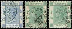 4533 4533 1880 5c. and 1882-96 10c. green (2) cancelled by Cor. D. Arm./Lig. N Paq. Fr. No c.d.s. (Salles fig. 1.947) in blue (5c. showing No 6 ) and black (with first 10c.