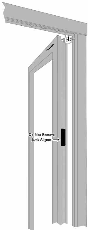 2. Push door top to hinge block and slide hinge block into opening at the top of the swing door