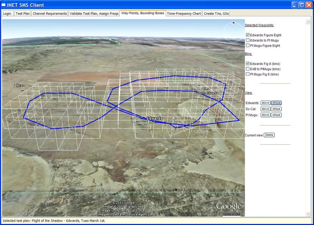 SMS Engineering Prototype Flight path of Test Article and spectrum bins Flight plans, bins, and RF coverage are displayed in 3-D graphics over a terrain view of the